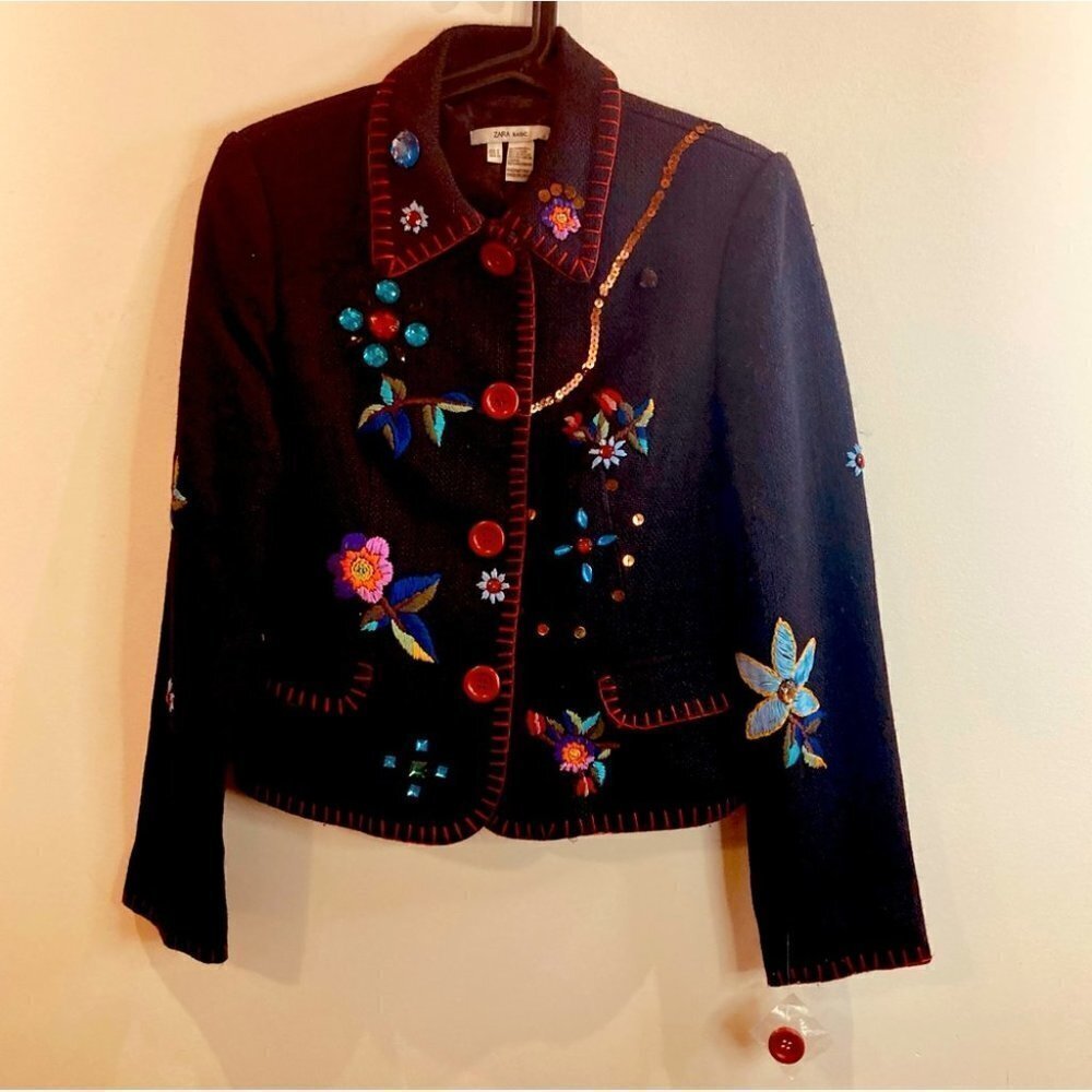 ZARA BASIC Sz S Embroidered Sequins Rhinestones Linen Blend Blazer Jacket NWOT